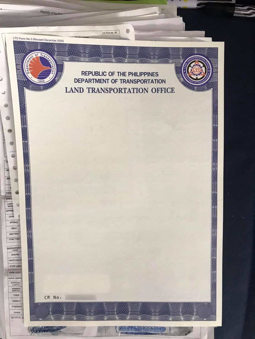 This is the LTO's new motor vehicle certificate of registration Auto News