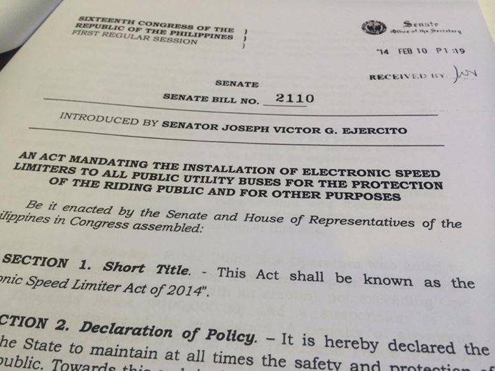 Senator Ejercito files Senate Bill 2110 Electronic Speed Limiter Act